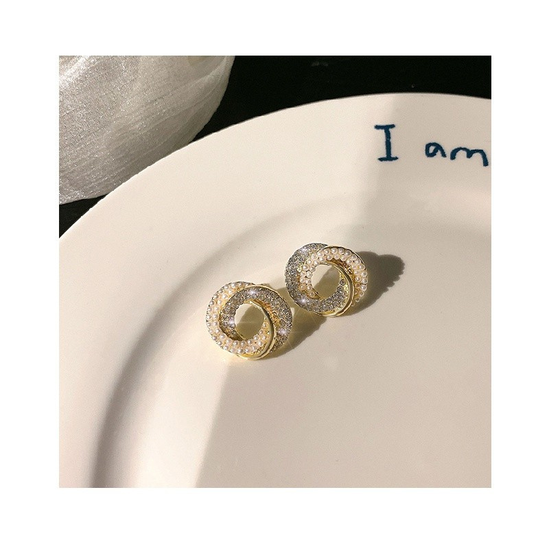 Full Diamond Pearl Spiral Stud Earrings for Women Korean Earrings
