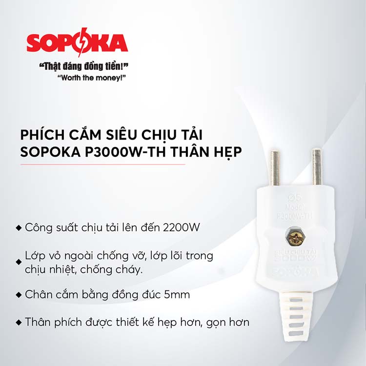 Phích cắm siêu chịu tải SOPOKA P3000W-TH thân hẹp