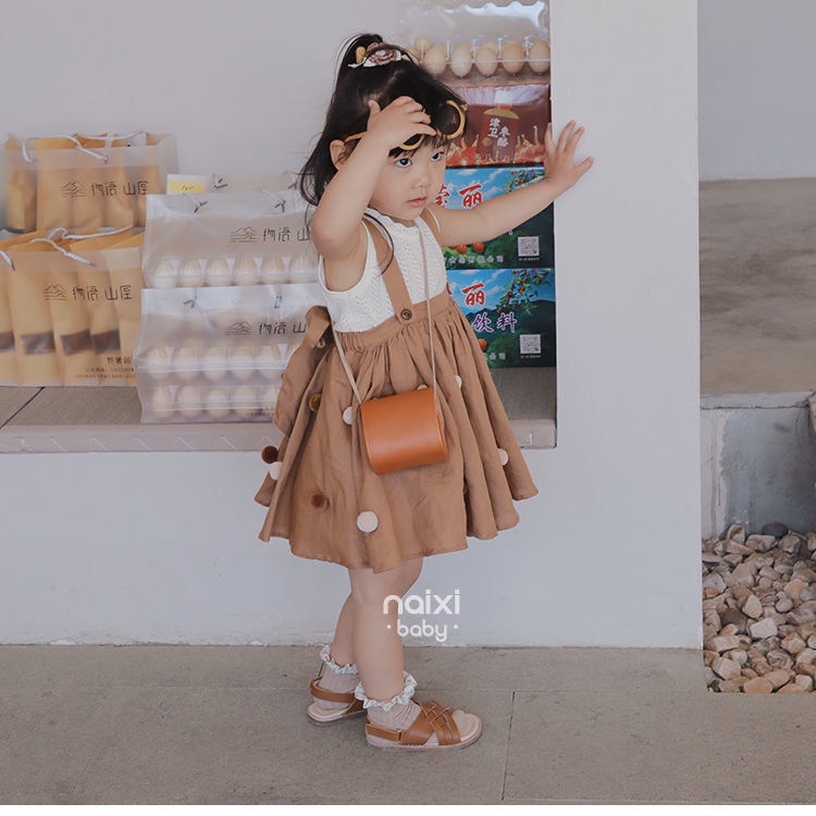 Đầm Hai Dây Mùa Hè Bằng Vải Lanh Và Cotton Có Dây Quả Bóng Đan Tay Mới Cho Bé Gái