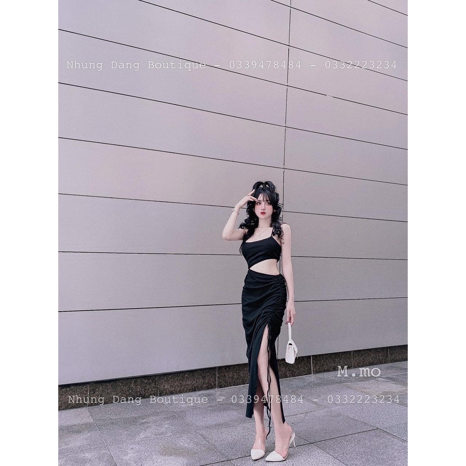 Đầm 2 dây khoét 1 bên eo xẻ tà rút dây bên cực sexy , chất thun gân mềm mịn thy
