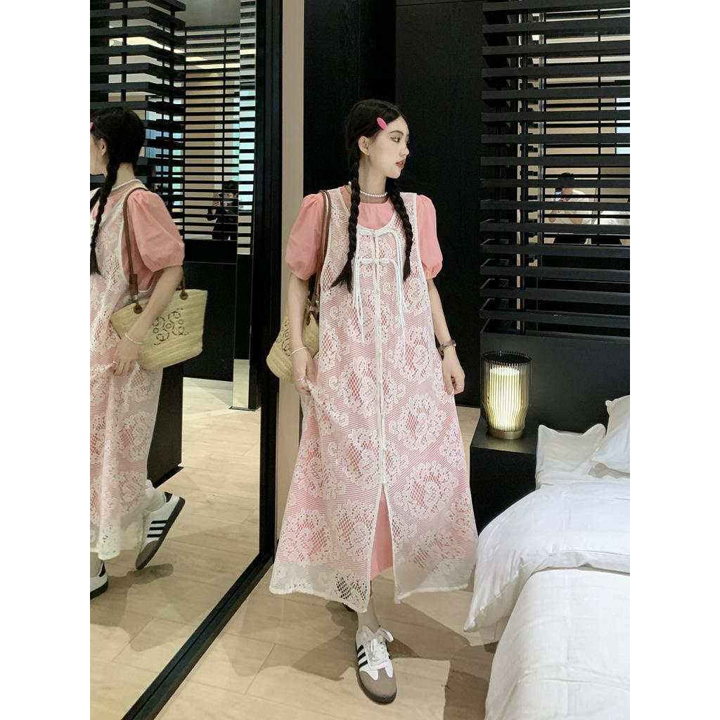 63363 Đầm Sơ Mi Tay Phồng Phong Cách Mới Với Áo Vest Ren Móc