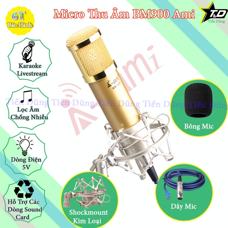 Bộ Mic thu âm BM900 Ami sound card k300 dây livestream MA2 chân kẹp màng lọc sound card k300 có autu tune và bluetooth