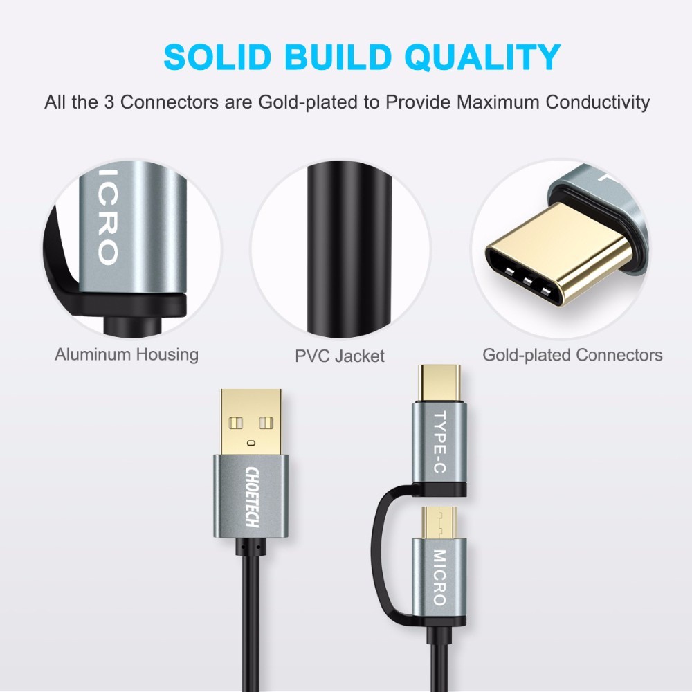Dây cáp sạc nhanh CHOETECH XAC0012 2 in 1 Type-C / Micro USB dài 120CM sạc nhanh 3A - hàng chính hãng
