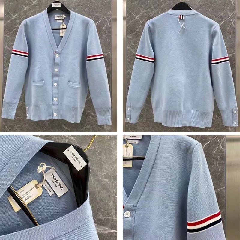 Áo khoác cardigan 3 sọc cao cấp, Áo len dệt kim kẻ sọc thổ cẩm màu xám cho các cặp đôi, Áo cardigan nam nữ