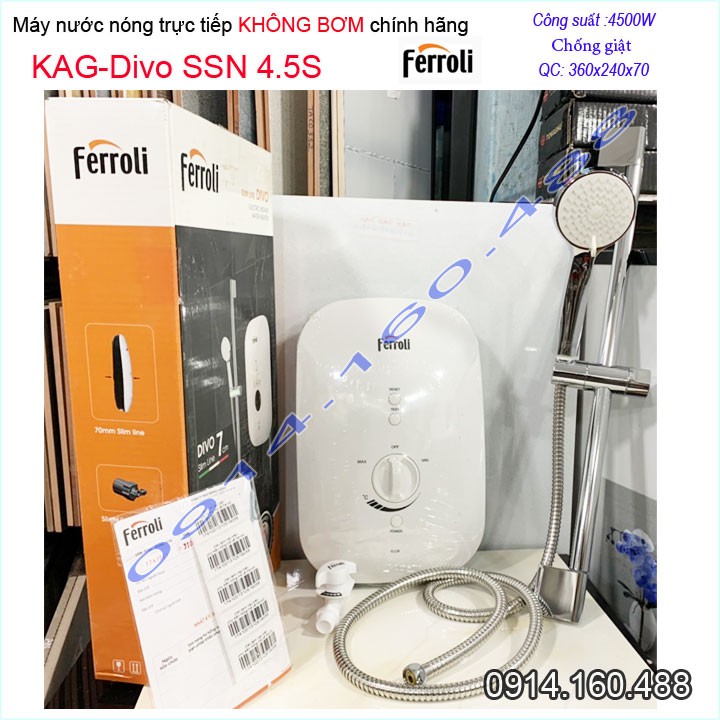 Máy nước nóng trực tiếp Ferroli không bơm SSN 4500W, Best sales Bình nước nóng trực tiếp chống giật hiệu suất tốt