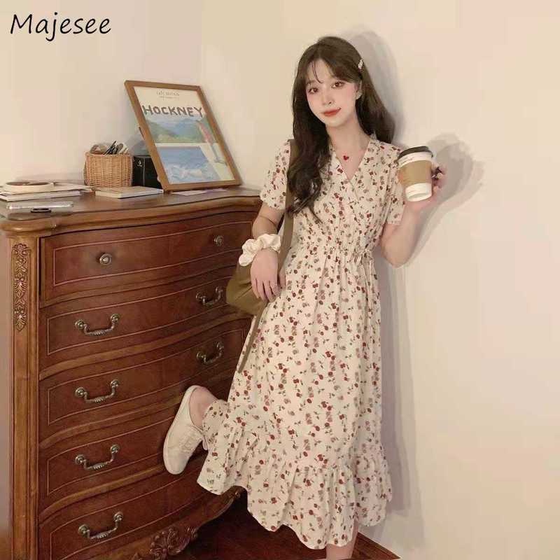 Đầm Hoa Cổ Chữ V Viền Xếp Nếp Dễ Thương Phong Cách Hàn Quốc Thời Trang Mùa Hè Dành Cho Bạn Gái Tuổi Teen