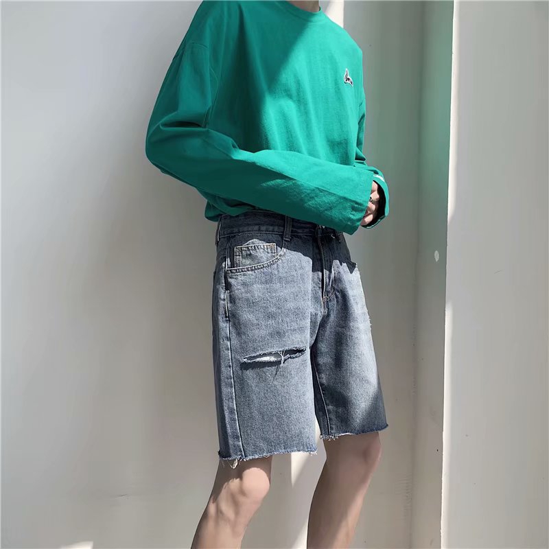 Quần ngắn denim ống rộng màu trơn thời trang mùa hè dành cho nam | BigBuy360 - bigbuy360.vn