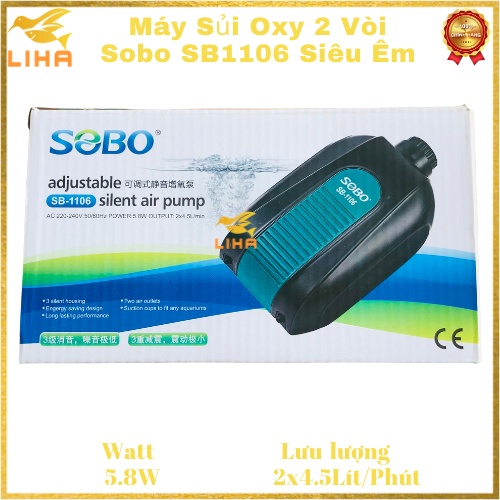 Máy Sủi Oxy 2 Vòi Sobo SB1106 (5.8W- 2x4.5Lít/Phút) - Máy Oxi Chạy Êm Cho Bể Cá