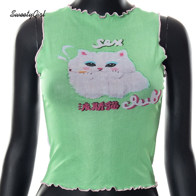 Áo Tank Top Cổ Tròn In Họa Tiết Mèo Hoạt Hình Màu Xanh Lá Sáng Thời Trang 2022 Cho Nữ