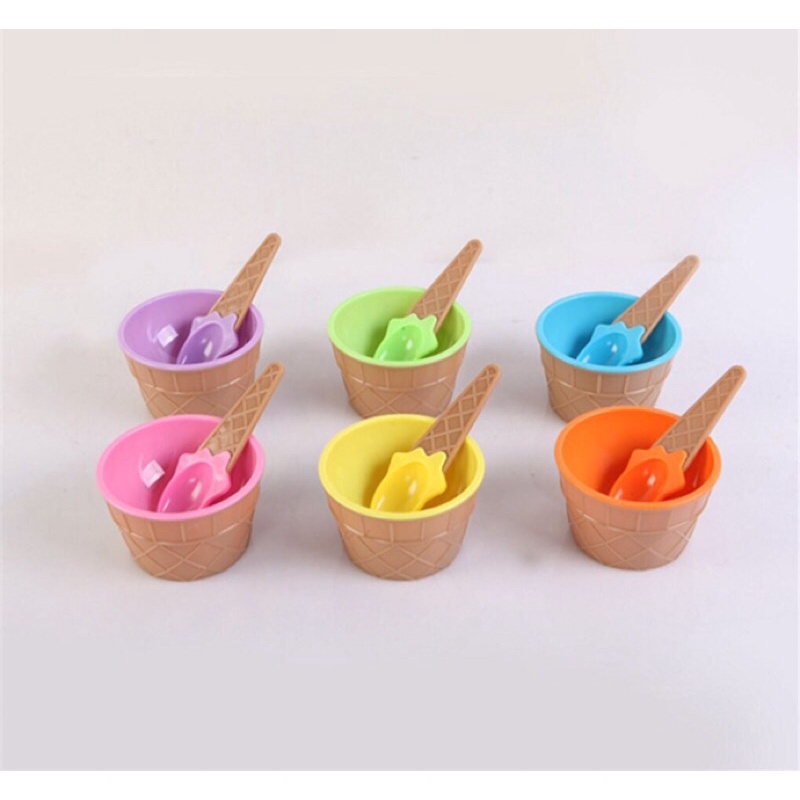 Bộ chén muỗng hình ly kem, dụng cụ làm slime bằng nhựa nhiều màu dễ thương