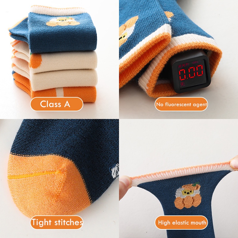 Bộ 4 đôi vớ KOKOROCARE YS-03 vải cotton ống cao vừa phải họa tiết bí ngô màu cam xanh dương S/M/L/XL cho bé 0-8 tuổi