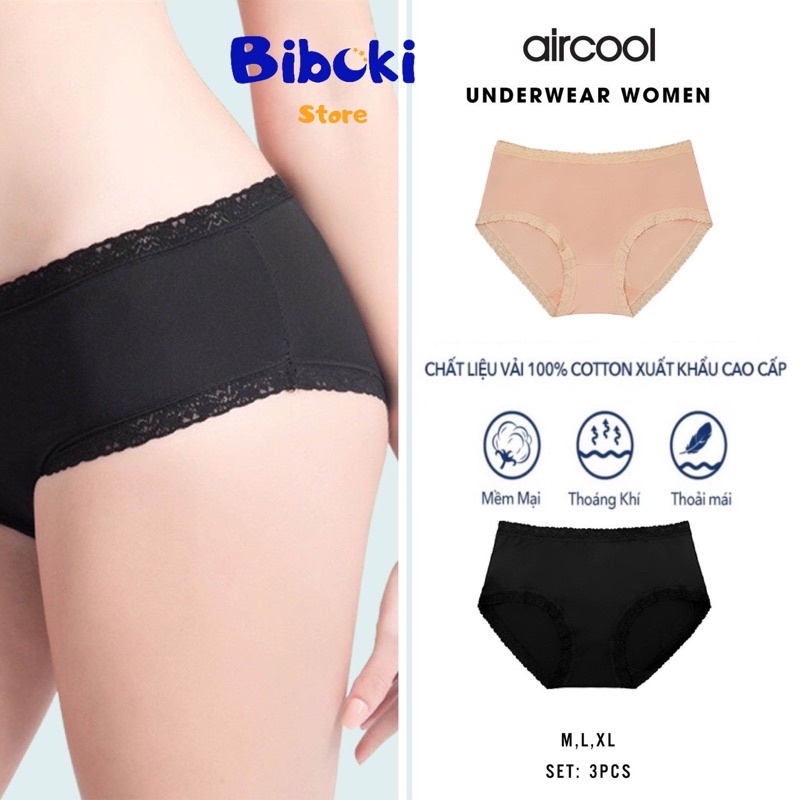 Set 3 chiếc quần lót nữ cotton mát đẹp AIRCOOL chính hãng viền ren