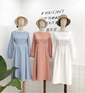 Đầm midi trơn tay bo (kèm hình thật)