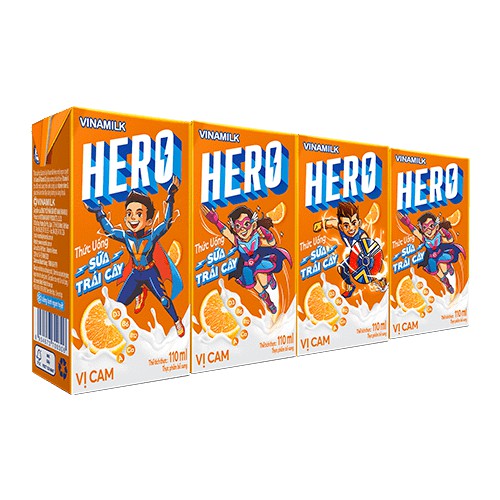 |NOWSHIP| SỮA TRÁI CÂY HERO DÂU, CAM, KẸO NHO - 1 LỐC 4 HỘP X 110ML