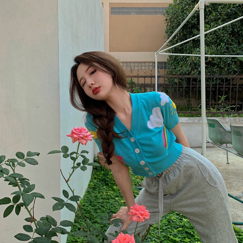 Áo croptop ZHELIHANGFEI tay ngắn cổ V thêu hoa thời trang mùa hè 2022 cho nữ