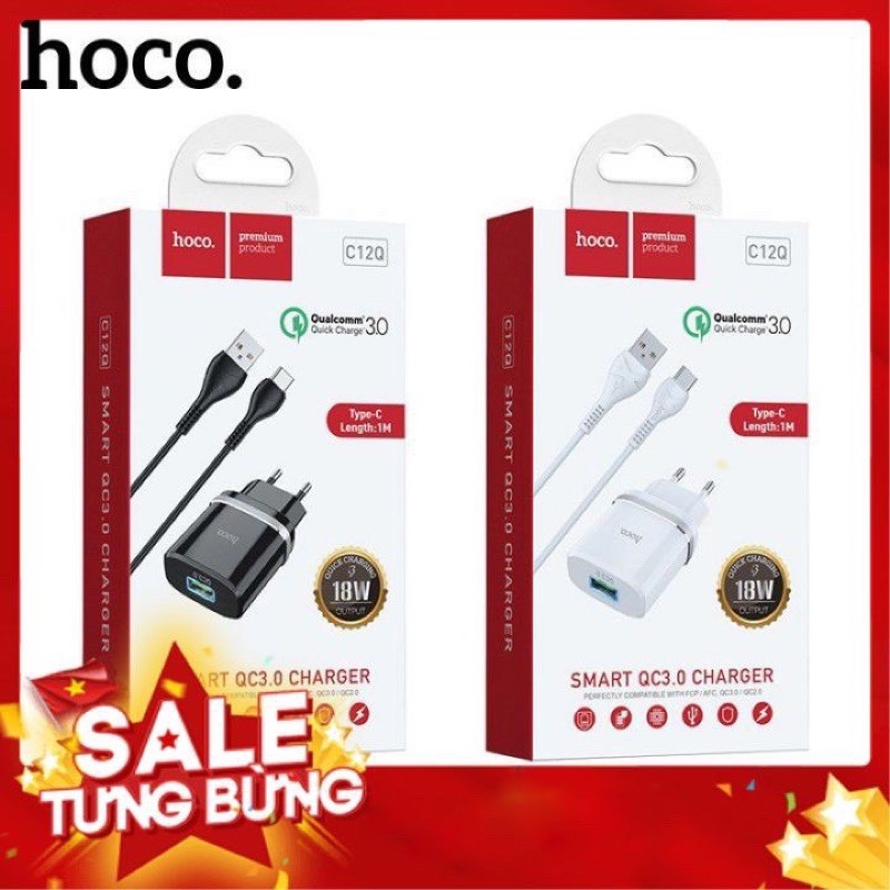 ✔HÀNG CHÍNH HÃNG ✔Bộ cốc sạc nhanh và cáp sạc Hoco C12Q cổng Type-C hỗ trợ QC3.0 3A 18W -Bộ sạc cho samsung Oppo huawie