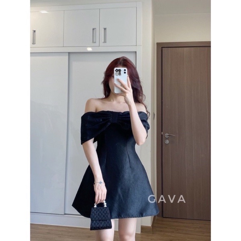 Váy trễ vai thiết kế nơ ngực dáng xòe chất liệu tacta nhũ from chuẩn phong cách tiểu thư đi tiệc đi chơi
