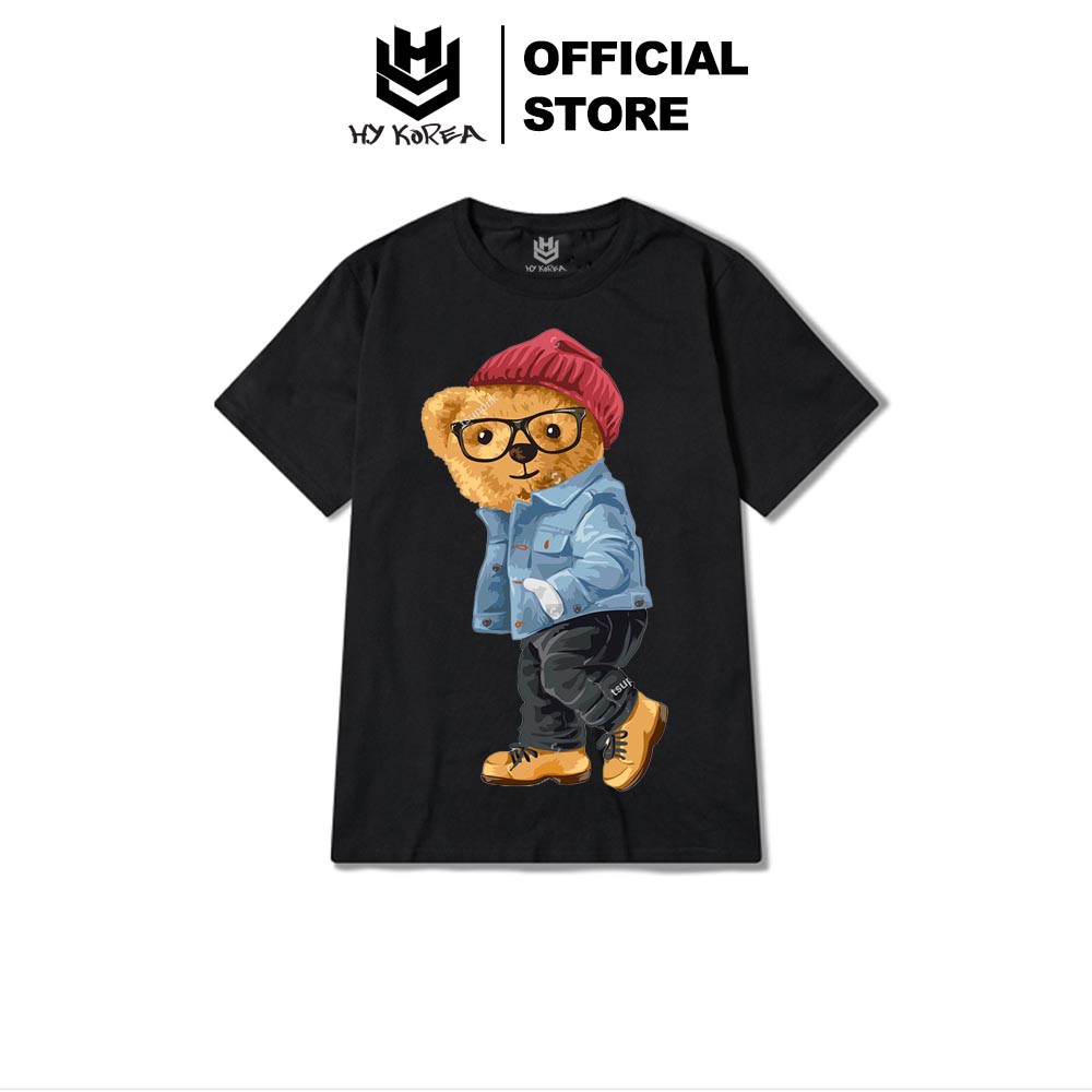 Áo Thun HY KOREA Vải cotton 100 In Hình Gấu Mặc Khoác Jean Xanh 189