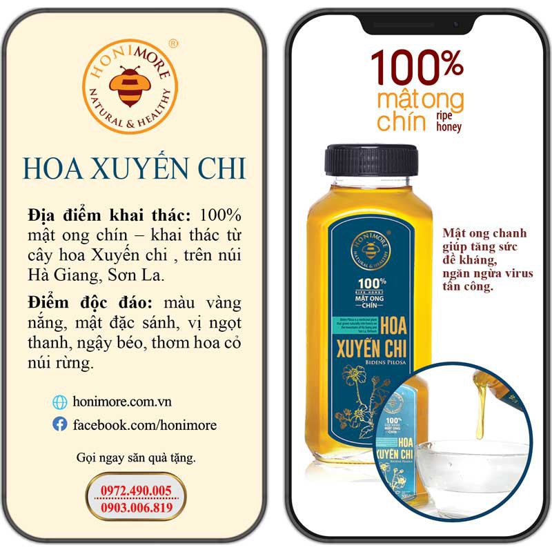 Combo Mật ong rừng nguyên chất Hoa Xuyến Chi Honimore 500g + Mật ong Hoa Phương Nam 500g - giúp tăng cường đề kháng