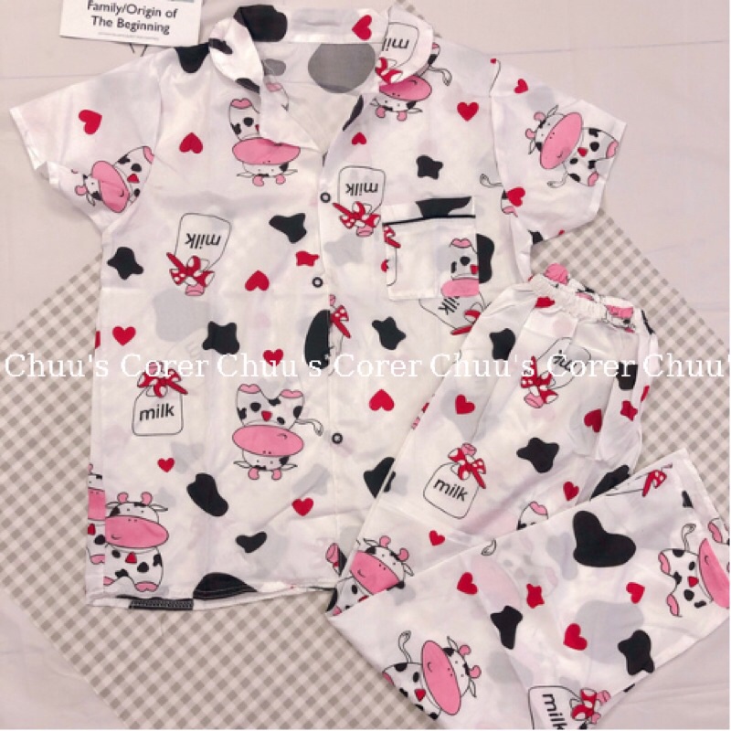 Set bộ ngủ pijama lụa kate tay ngắn quần dài hoạ tiết xinh xắn cho nữ