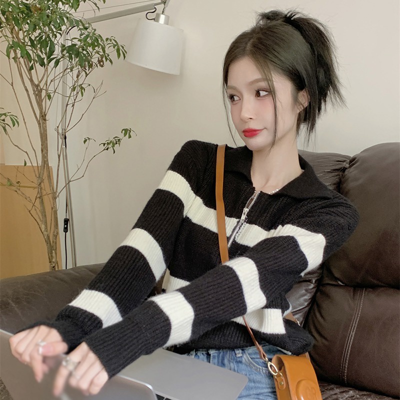 Áo Sweater Dệt Kim Tay Dài Dáng Rộng Cổ Tròn Kẻ Sọc Phối Khóa Kéo Kiểu Hàn Quốc Dễ Thương Cho Nữ
