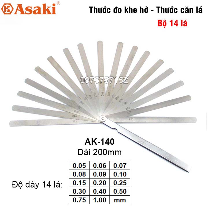 Thước căn lá, thước nhét, thước đo khe hở 14 lá 0.05-1.00mm Asaki