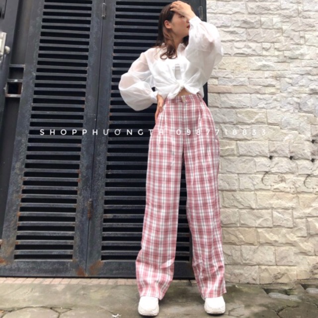 Quần kẻ hồng ulzzang ( hình shop tự chụp/ sẵn)