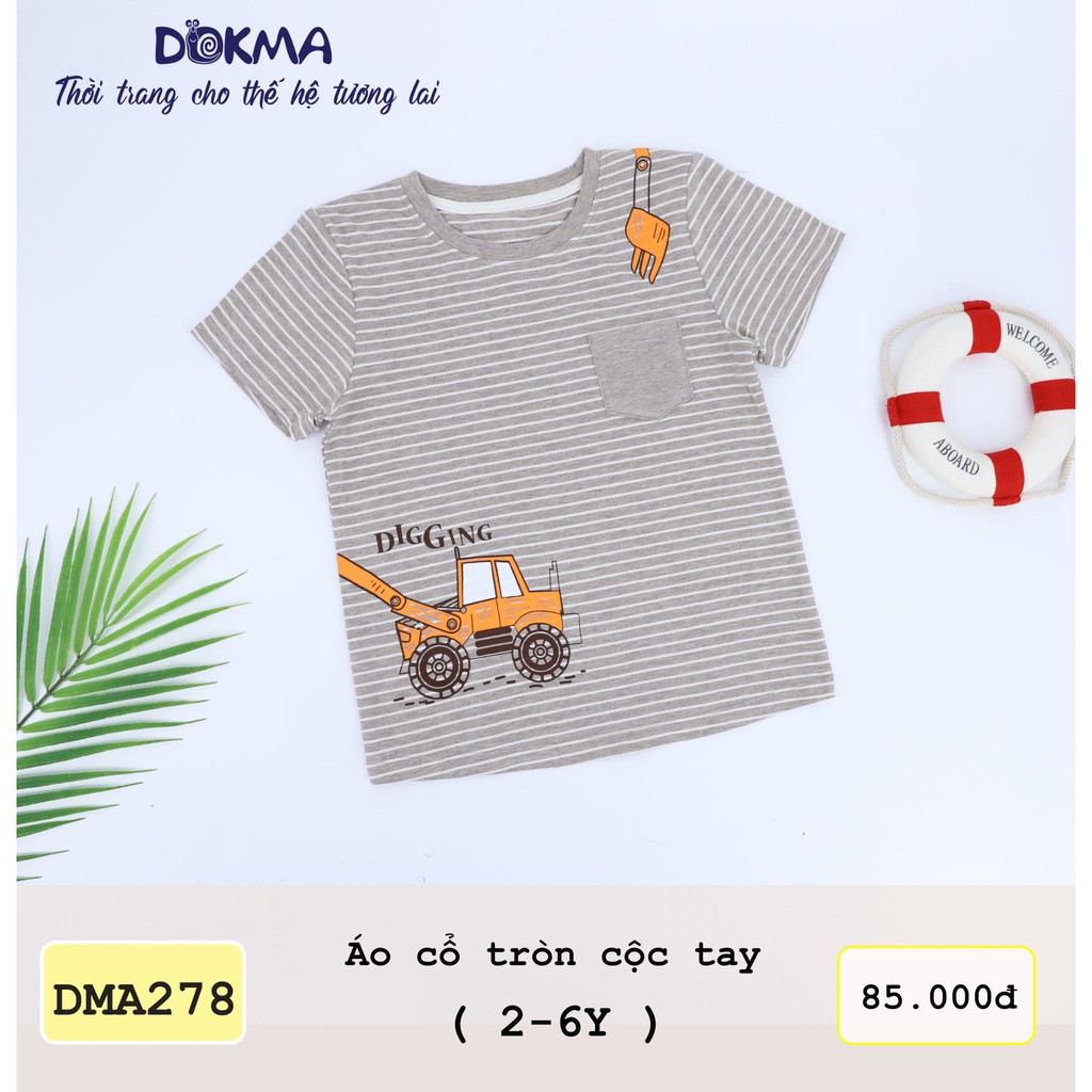 DMA278 Áo cổ tròn cộc tay bé trai Dokma kẻ ngang phối túi vải sợi tre (2-6T)