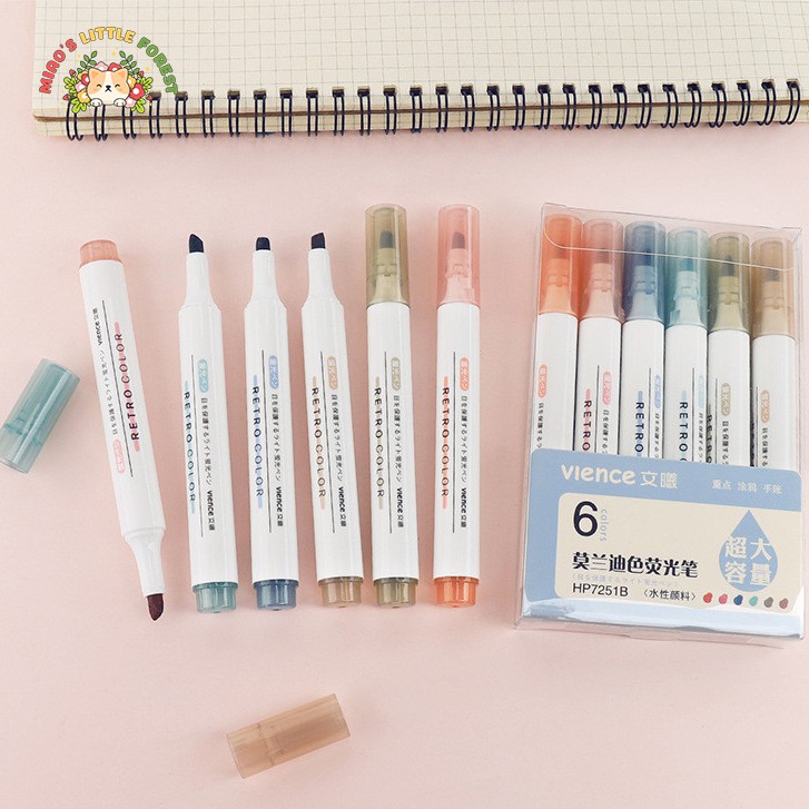 Bút highlight màu vintage MIAO'S LITTLE FOREST bộ 6 bút đánh dấu màu retro VIENCE trang trí sổ tay bullet journal MOT245