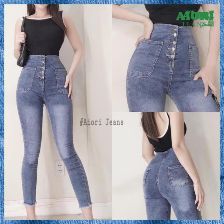 Quần Jeans Nữ, Quần Skinny 9 Tất 5 Nút Lưng Siêu Cao, Vải Cotton Thoáng Mát, Mềm Mịn, Co Giãn Tốt