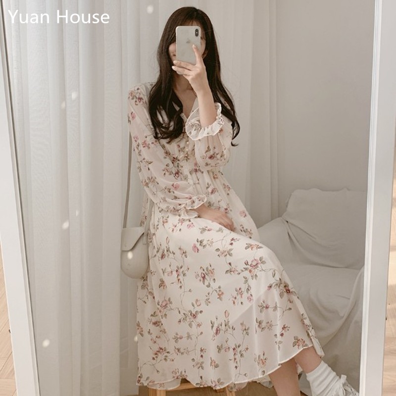 (ORDER) Váy voan hoa lá xòe dáng dài thun eo cài khuy cổ V style Vintage Hàn Quốc nhẹ nhàng 2020