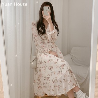 (ORDER) Váy voan hoa lá xòe dáng dài thun eo cài khuy cổ V style Vintage Hàn Quốc nhẹ nhàng 2020