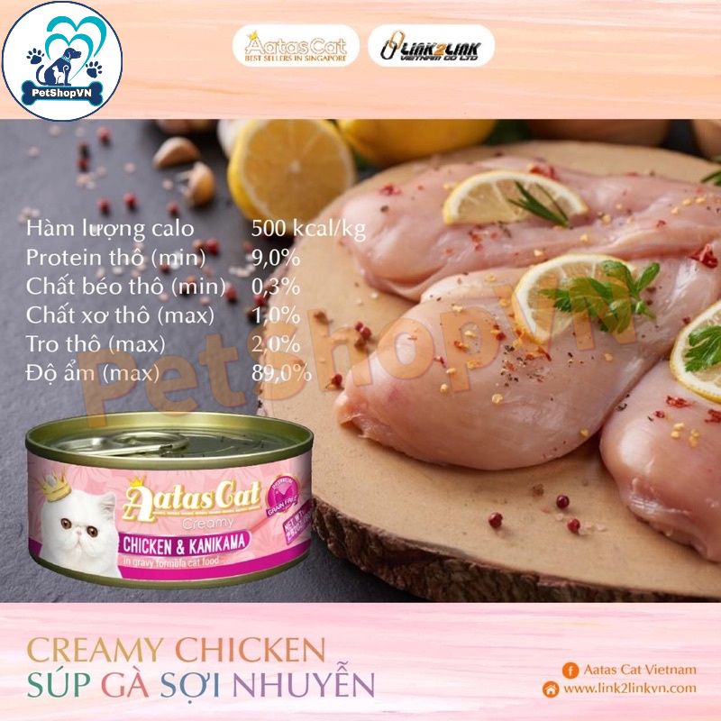 Pate Cho Mèo AATAS CAT Dạng Súp Gà Sợi Nhuyễn Lon 80g Kết Hợp Topping Thơm Ngon, Bổ Dưỡng, Mượt Lông.