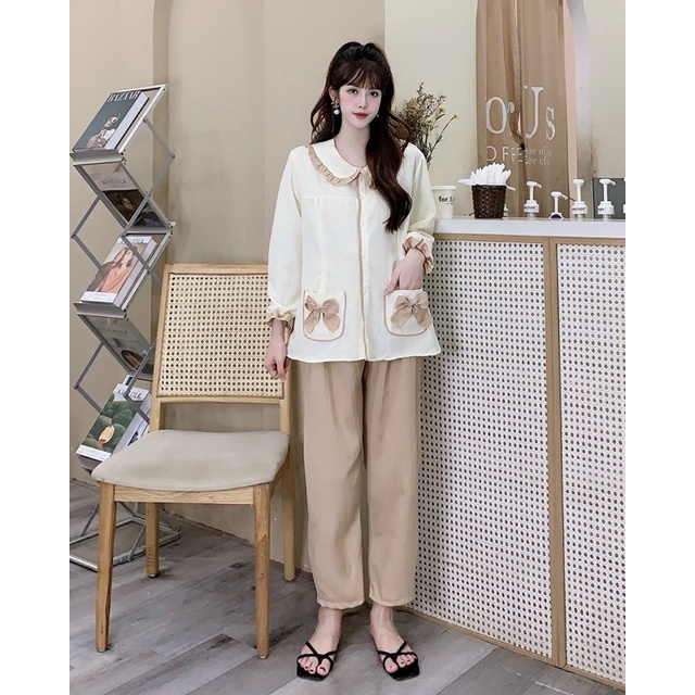 Bộ Đồ Mặc Nhà Viền Bèo Phối Nơ Tiểu Thư Cho Bầu Và Sau Sinh