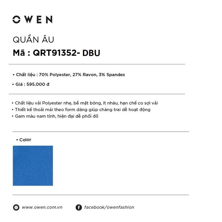 [SIZE 29] OWEN - Quần âu nam màu xanh đậm dáng regular cạp tăng đơ co dãn QRT 91352