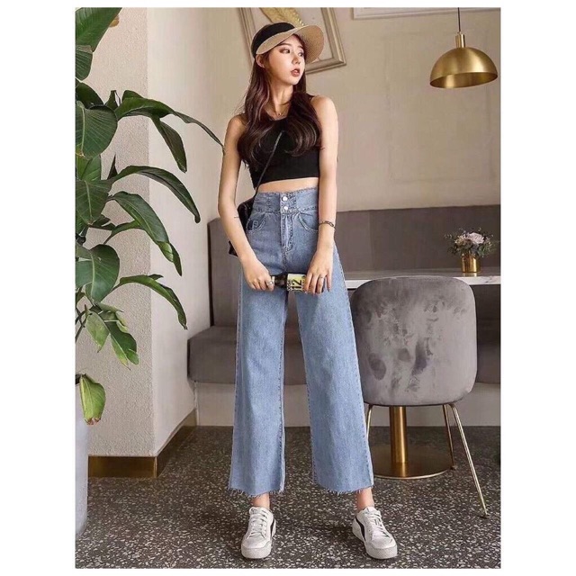 Quần jean bò suông cạp cao 2 cúc dây vắt sau