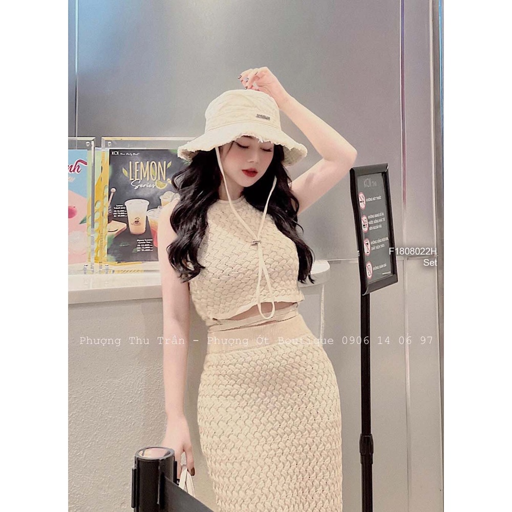 Set len áo croptop cột dây eo sát nách+ chân váy ôm dáng dài!
