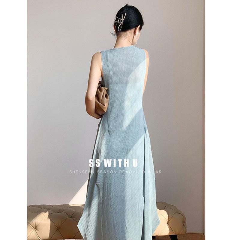 Đầm Dài Trung Bình Xếp Ly Màu Xanh Bạc Hà Thanh Lịch Thời Trang Mùa Hè Hàng Mới Dành Cho Bạn Nữ