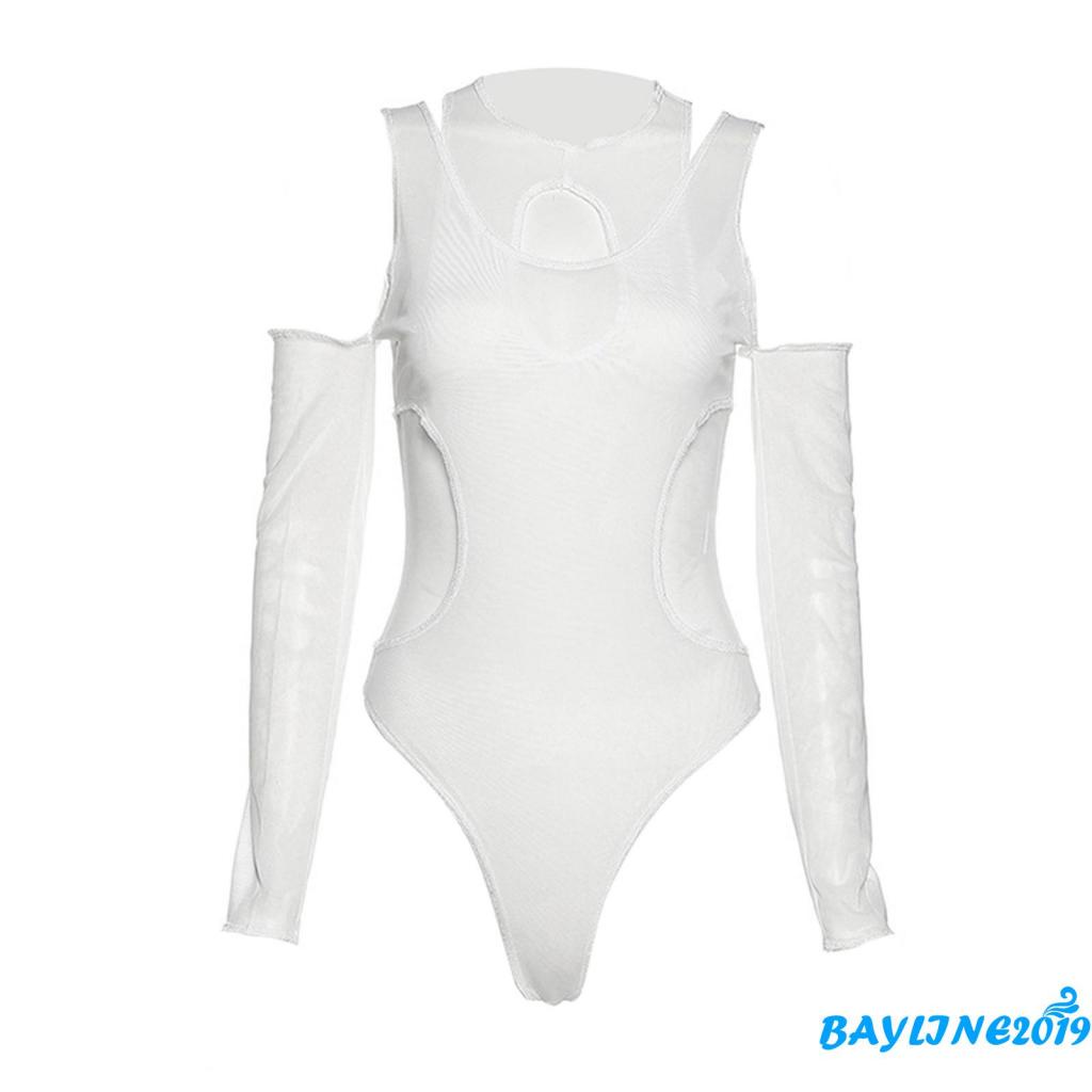 BAY-Women´s Long Sleeve Bodysuit, Pure Color Hollow Out Patchwork Round Neck Skinny Fit Playsuit, Casual Simple Romper | BigBuy360 - bigbuy360.vn