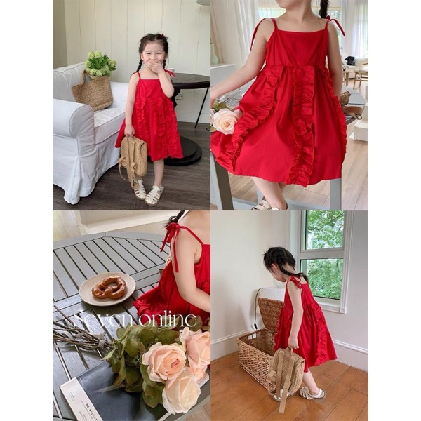 VÁY HAI DÂY MÀU ĐỎ CHO BÉ GÁI MẶC HÈ