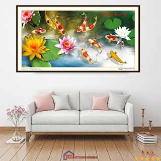 Tranh đính đá VS414 (1m20 x 60cm), tranh thêu chữ thập cá cửu ngư quần hội LV3239 (1m38 x 74cm)