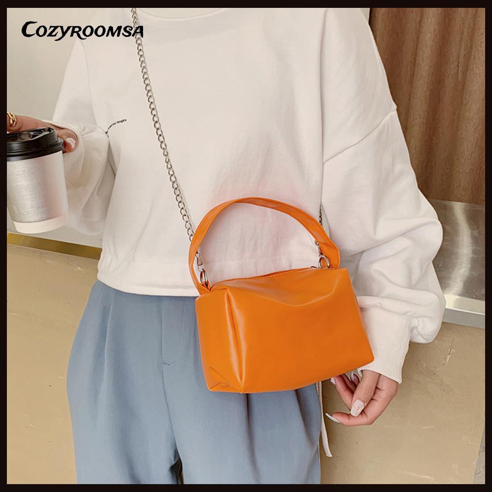 Women PU Leather Solid Color Top-handle Handbag Tote Chain Shoulder Bag