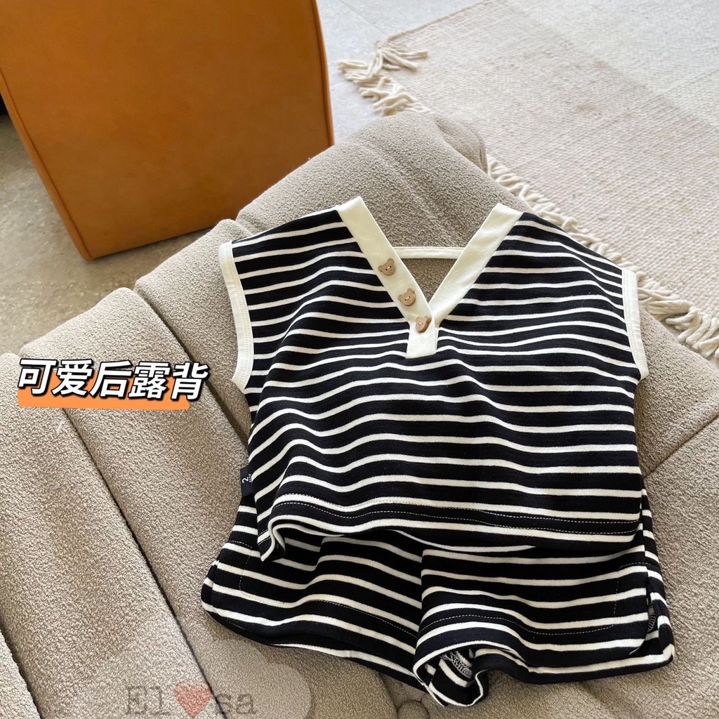Quần áo bé gái - Bộ thun kẻ sọc nơ sau lưng siêu xinh cho bé gái 1-5 Tuổi