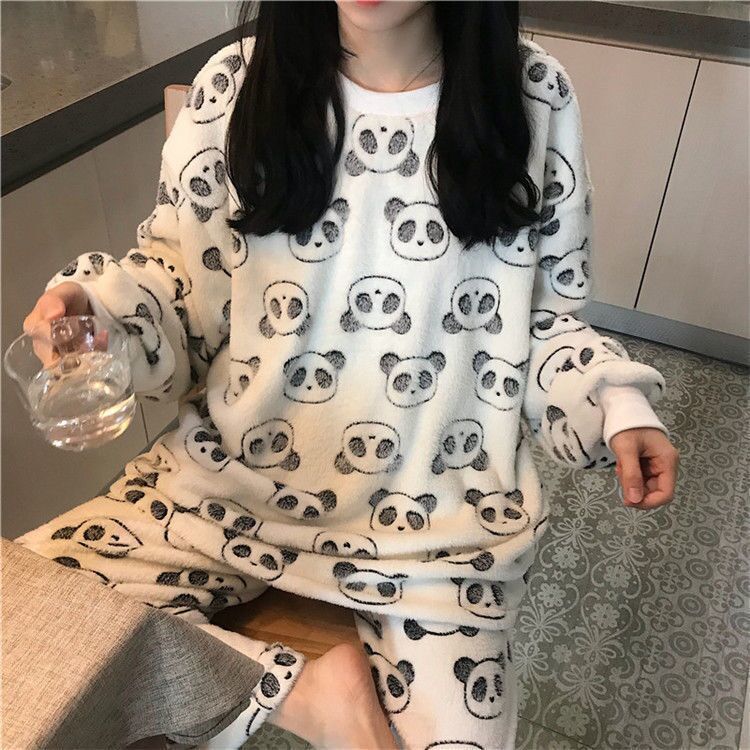 Đồ ngủ chất nhung mùa thu đong Coral velvet pajamas female autumn and winter home wear set student lovely panda long sleeve Plush warm flannel