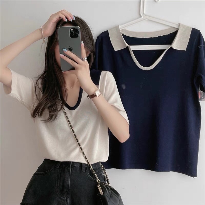 Áo dệt kim ngắn tay cổ V thời trang mùa hè Hàn Quốc đáng yêu cho nữ