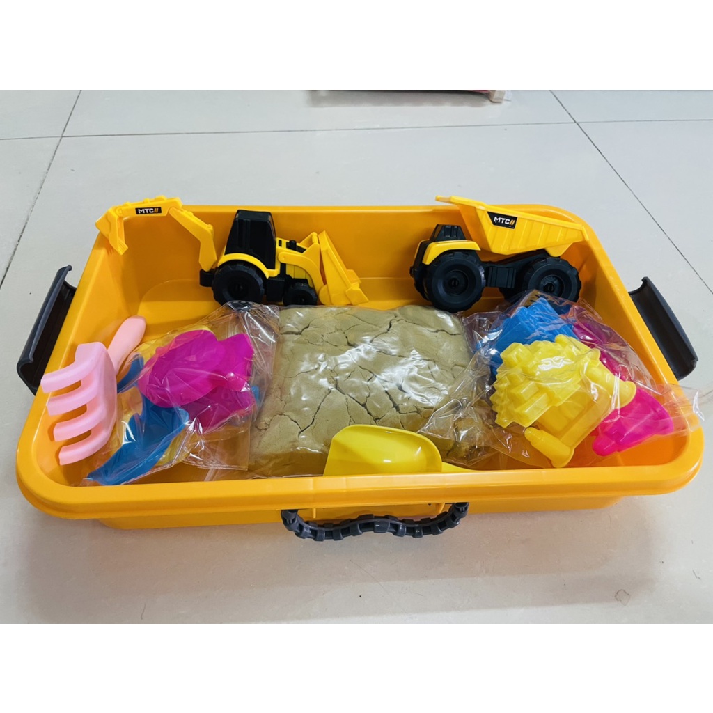 Hộp cát động lực sinh học không dính tay cho bé tặng kèm 2 xe công trình, xẻng và khuôn, cát nặn sinh học