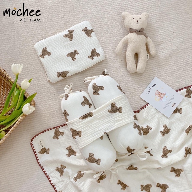 Mochee - Set gối chặn bông + gối đầu Muslin mềm mại, thấm hút tốt, giúp bé ngủ ngon