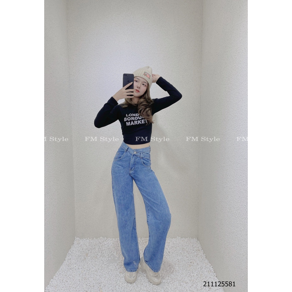 Áo thun tay dài nữ FM Style dáng croptop cổ tròn dáng ôm basic hoạt tiết in chữ thời trang thu đông sexy 210925156