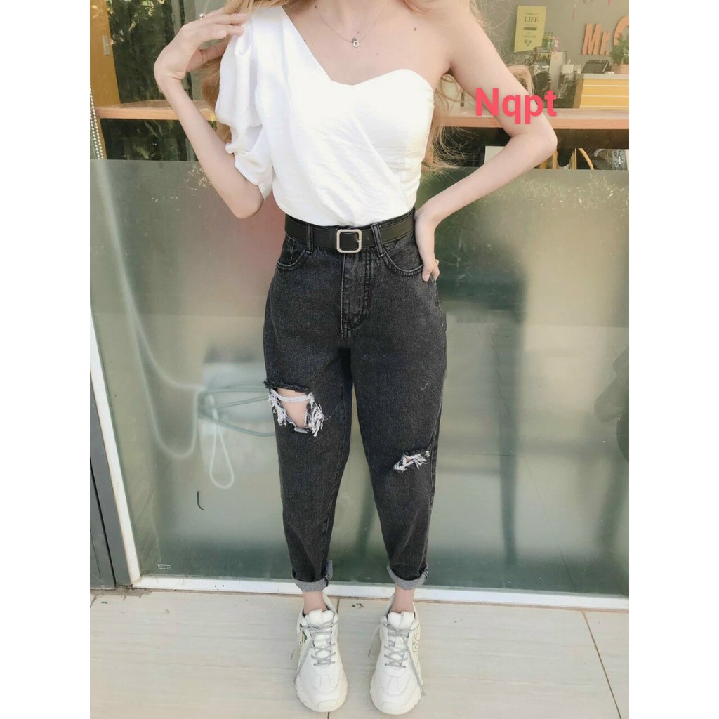 Quần Baggy Jean Rách, Lưng Cao Màu Đen Cực Cá Tính 454
