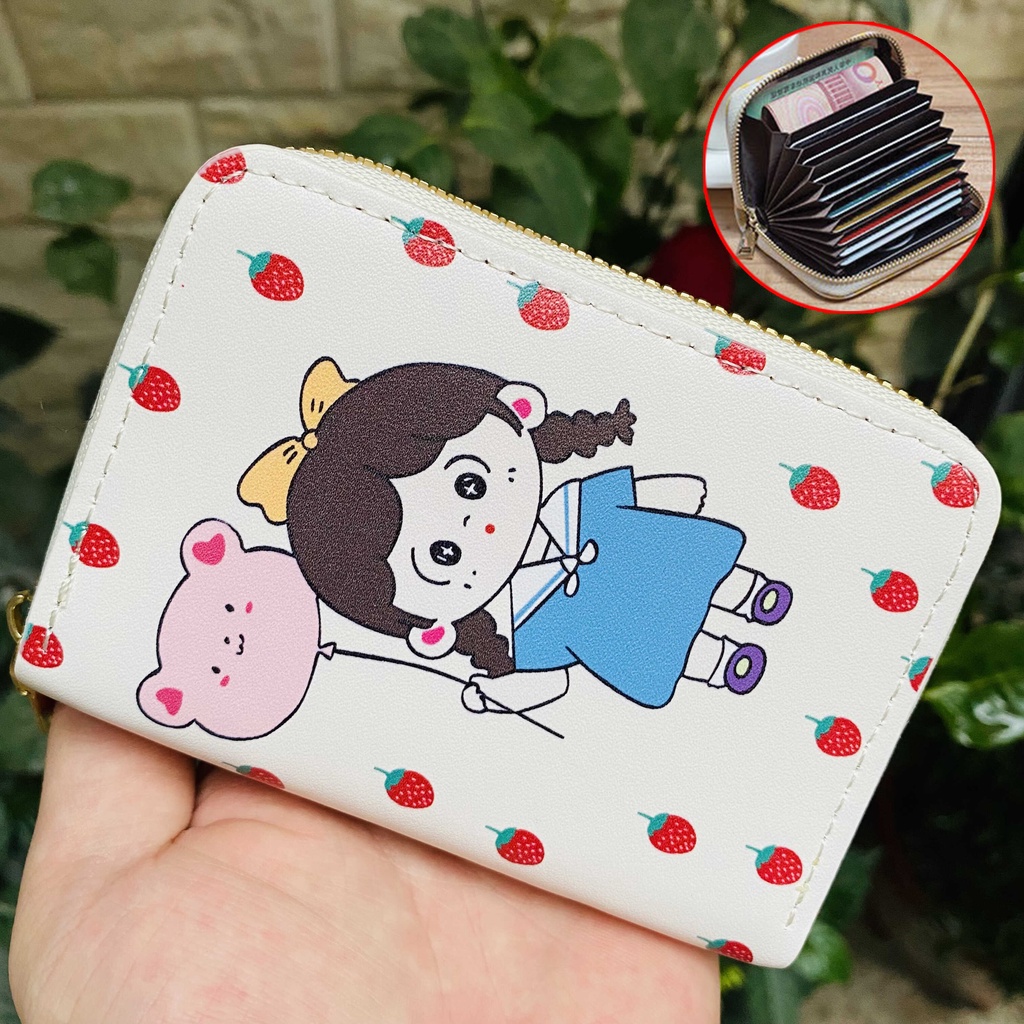 Ví nữ mini cầm tay thời trang nhiều ngăn, bóp hoạ tiết cute chất liệu da PU